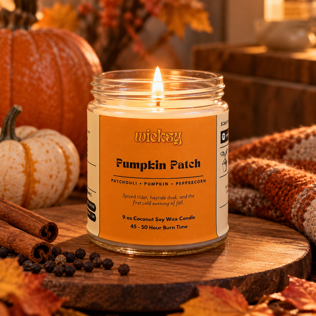 Wicksy Pumpkin Patch candle, a hand-poured fall soy candle